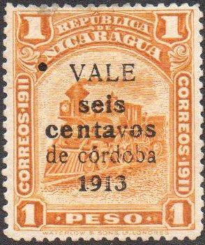 Nicaragua stamps 1913 surcharges Locomotive 6c / 1 Peso Random spot in surcharge